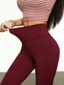 INAWLY Women's Solid Wine Red Casual R Letter & Star Print Leggings - Burgundy - View 5
