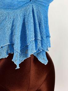 Amplova 女士褶皱前片修身性感网纱拼接短袖露背休闲度假短款背心 - 藍色 - 查看 9