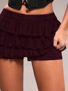 SHEIN BAE 女士黑色纯色优雅迷你裙，适合约会、夜店、闺蜜聚会、生日派对、节日派对、情人节等场合，花卉性感蕾丝层叠荷叶边迷你裙/多层荷叶边迷你裙，情人节迷你裙，派对女士服装，酒红色迷你裙，春季服装，沙滩迷你裙，黑色迷你裙 - 紫紅色 - 查看 7