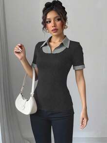 Selianne Camiseta con cuello Peter Pan de estilo deportivo para mujer, con parches de punto acanalado y volantes a cuadros - Gris - Ver 3