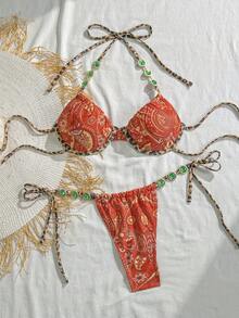 Swim Vcay Women's Floral Print Beaded Halter Bikini Top,Green Summer Boho Beach Holiday Valentine's Day Carnival Party Casual Vacation Bathing Suits Swimwear - Multicolor - View 7