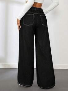 少女休闲水洗低腰阔腿牛仔裤 - 黑色 - 查看 2