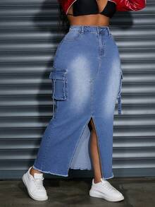 Jeanoix Rok Denim Stretch Pas Badan Kasual Ukuran Besar dengan Warna Washed - Light Wash - View 4