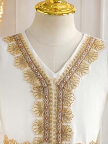 女童优雅白色V领长袖正式连衣裙，适合晚宴、宴会、婚礼、生日、学校、旅行等场合。 - 白色 - 查看 7