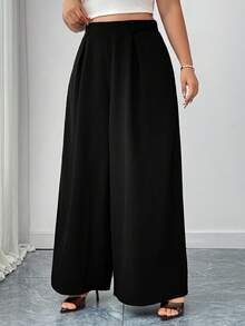SHEIN CURVE+ Plus Size Women Casual Solid Color High Waist Pleated Loose Wide Leg Pants, Versatile For Daily Wear And Commuting Autumn Office Formal Black - Black - View 1