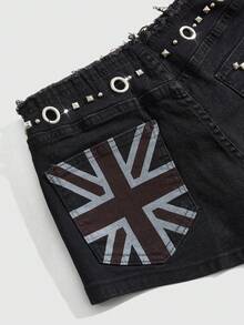 ROMWE Grunge Punk Quần short denim siêu cạp thấp in hình cờ Anh quốc phong cách Y2K, đính đinh tán kim loại. - màu đen - Xem 5
