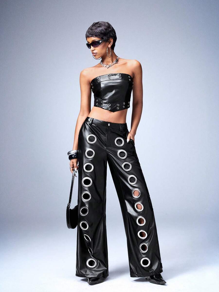 Y2Kool BiGraphic 情人节女士春夏纯黑色PU皮革亮面性感街头风七分裤，带镂空细节阔腿伞兵裤 - 黑色 - 查看 1