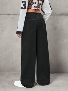 SHEIN Tall 女士时尚休闲直筒水洗牛仔裤 - 黑色 - 查看 2