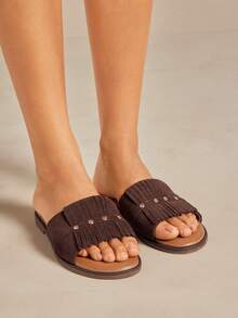 SHUZIA Women's Minimalist Casual Comfy Fringe Flat Sandals