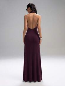 LYSMO Women's Backless Deep V-Neck Sundress- Spring/Summer Vacation-2025New Arrival High Neck Dress Wine Dress Dress Long - Red Violet - View 2