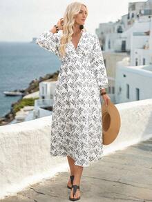 SHEIN Holidaya Đầm nữ mùa hè cổ chữ V sâu (viền không đều) - Đen và trắng - Xem 5