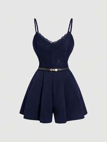 SHEIN MOD 大码女式印花蕾丝腰带吊带连体裤，优雅女式连体裤，V领蕾丝连体短裤，黑色连体裤 - 藏蓝色 - 查看 1