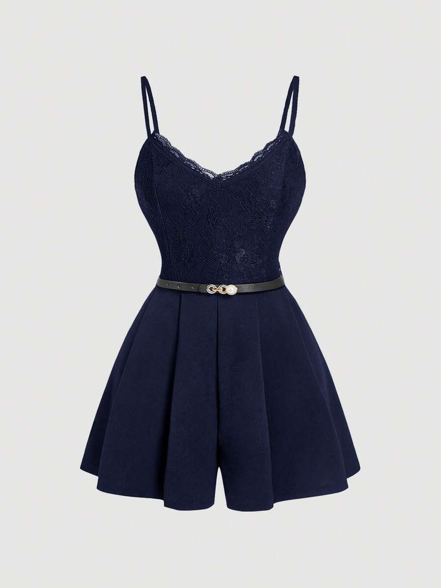 SHEIN MOD 大码女式印花蕾丝腰带吊带连体裤，优雅女式连体裤，V领蕾丝连体短裤，黑色连体裤 - 藏蓝色 - 查看 1