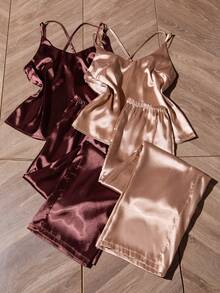 SHEIN 2pcs Set: Criss-Cross Back Spaghetti Strap Faux Silk Camisole Top And Long Pants Pajama Set - Multicolor - View 2