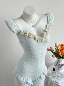 Elamini Women's Fashion Cap Sleeve Ruffle Trim 3D Floral Bodysuit - Blue - View 5