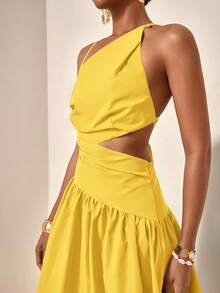 Zivah 新款休闲度假风不对称镂空露背交叉绑带连衣裙 - 鵝黃色 - 查看 4