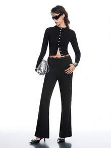 Airlisse Lace Trim Black Slim Fit High Waist Casual Flare Pants For Women, Spring/Autumn - Black - View 5