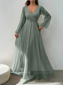 EURMUSE Dor Jacquard Sleeve Detailed Beige Long Dress For Going Out - Mist Green - View 4