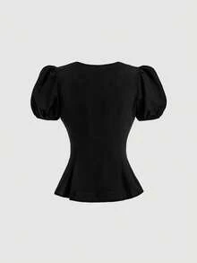 SHEIN MOD Bluză neagră cu mâneci bufante și dantelă pentru femei - Negru - Vizualizare 5