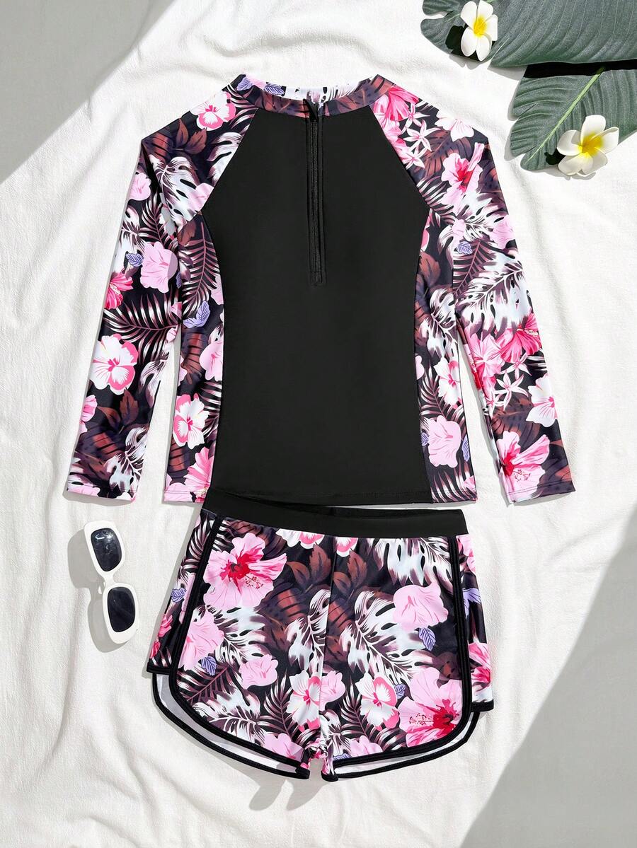SHEIN 少女长袖热带印花防晒泳衣套装 女童泳衣 女童夏季两件套 长袖防晒沙滩泳衣 泳裤 女童长袖泳衣 女童夏季套装 青少年泳衣 全包覆式泳衣 青少年泳衣 女童泳衣 青少年泳衣套装 青少年保守泳衣 保守泳衣 青少年泳衣 女童夏季两件套 - 粉色 - 查看 1