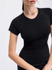 Loungeista 1件女士褶皱胸衣，竹纤维短袖修身塑形上衣，显瘦透气舒适T恤 - 黑色 - 查看 7