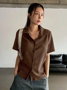 DAZY Áo thun nữ tay ngắn màu trơn, kiểu dáng thường ngày, cài cúc phía trước, thích hợp cho mùa hè. - Rỉ Nâu - Xem 6