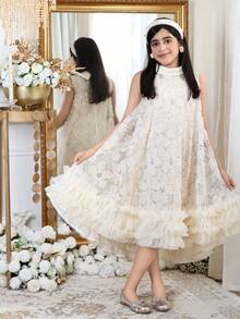 SHEIN 时尚优雅的少女亮片网纱无袖连衣裙 - 杏色 - 查看 3