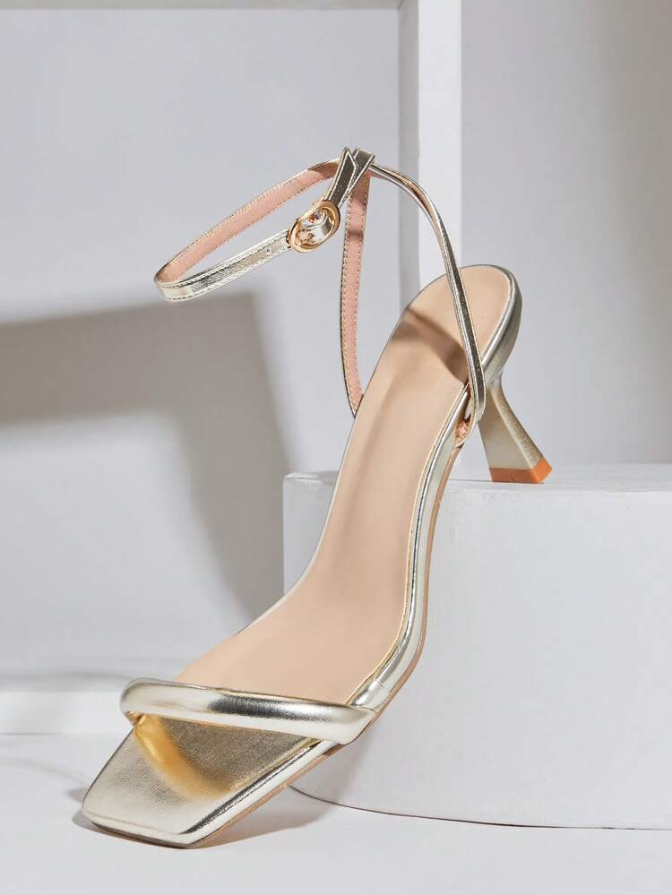 SHUZIA Sandalias de tacón de aguja con tira de tobillo, elegantes y minimalistas para mujer - Dorado - Añade 7