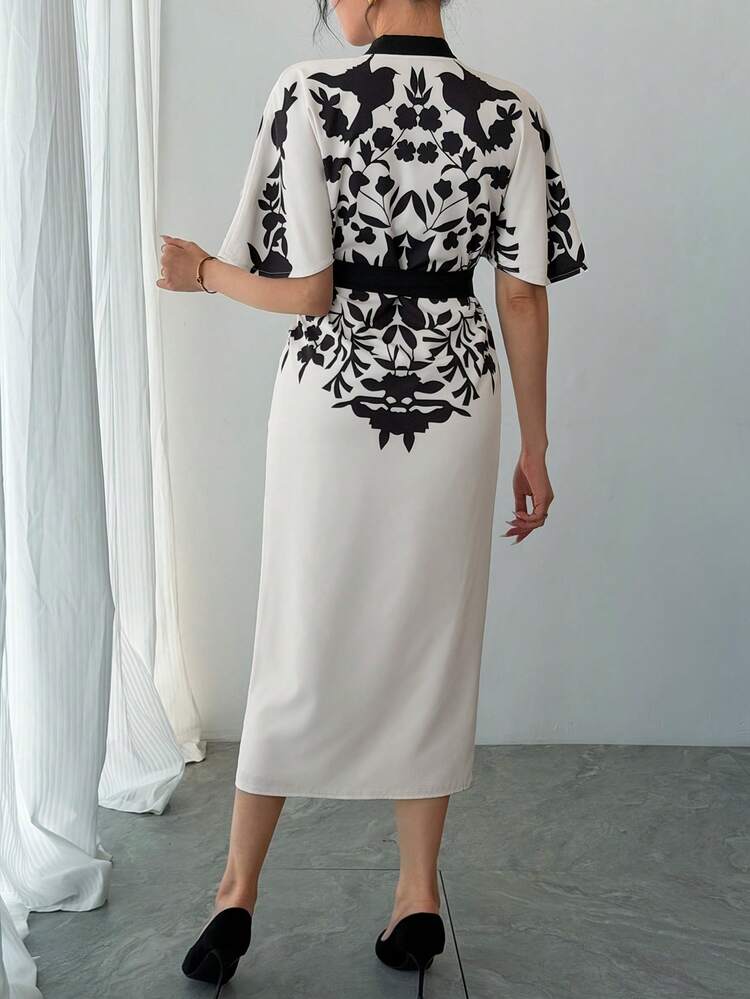 Women's Elegant Contrast Color Patchwork Floral Belted Pleated Dress, Summer Wedding Guest Dress Sundress