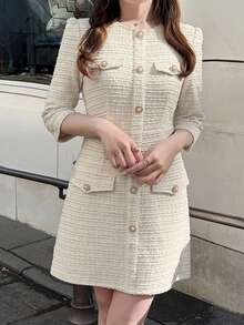 FRIFUL 女士圆领纽扣设计七分袖优雅情人节派对连衣裙 - 米色 - 查看 5