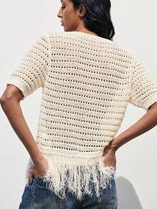 Maija 女士纯色圆领短袖镂空流苏下摆针织上衣，适合夏季假期、春假、春季、海滩、生日、外出等场合，优雅休闲，杏色上衣 - 杏色 - 查看 3