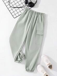 SHEIN Tween Boys' Casual Sports Graphic Print Pockets Loose Fit Drawstring Cargo Pants, Suitable For Commuting, School, Daily Casual, Travel, Sports, Spring/Summer/Autumn/Winter - Mint Green - View 3