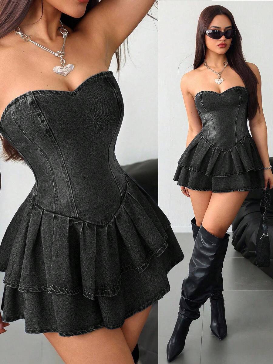 SHEIN PETITE 女士时尚性感无肩带双层牛仔连衣裙 - 黑色 - 查看 1