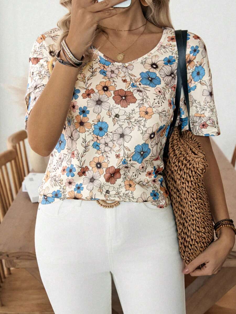 Louniche Top t-shirt élégant et décontracté pour femmes, col en V, dos nu, imprimé floral, manches à volants. Convient pour les fêtes, les sorties, le travail, les affaires, la remise des diplômes, la fête des enseignants, la rentrée scolaire, Noël, Thanksgiving, le port quotidien. Tee-shirt à manches courtes à fleurs, adapté à la vie quotidienne et aux saisons. - Multicolore - Voir 1