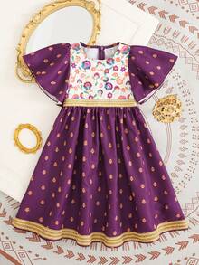 SHEIN 少女编织花卉撞色圆领休闲连衣裙 - 紫色 - 查看 3