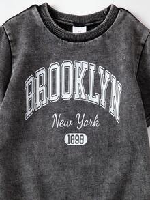 SHEIN 男童休闲水洗字母印花T恤，夏季 - 黑色 - 查看 5