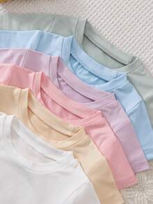 SHEIN Playful Pals 6件/套 女童百搭纯色宽松柔软针织短袖T恤，适合日常休闲穿着，春夏皆宜，多种颜色可选（黑色、粉色、白色、杏色、灰色、紫色） - 彩色 - 查看 4