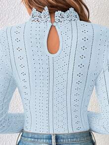 SHEIN Frenchy Guipure Adult Lace Insert Eyelet Embroidery Mock Neck Tee Bodysuit - Baby Blue - View 6