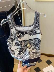 Resyla 女士常规版型印花背心，蓝白相间 - 黑與白 - 查看 4