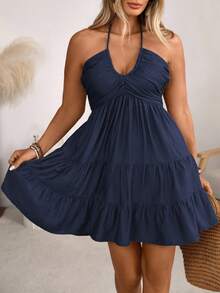 Ceyna Plus Size Boho Halter Neck Navy Blue Tiered Ruffle Hem Dress For Vacation Outfits Women - Navy Blue - View 6