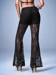 Y2Kool BiGraphic 情人节女士黑色优雅休闲高腰喇叭蕾丝针织裤，千禧年派对，黑色拼接，秋冬款 - 黑色 - 查看 2
