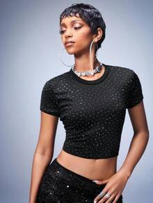 Y2Kool BiGraphic Women's Casual Fashionable Street Style Black Rhinestone Cropped Top, Summer - Black - View 3