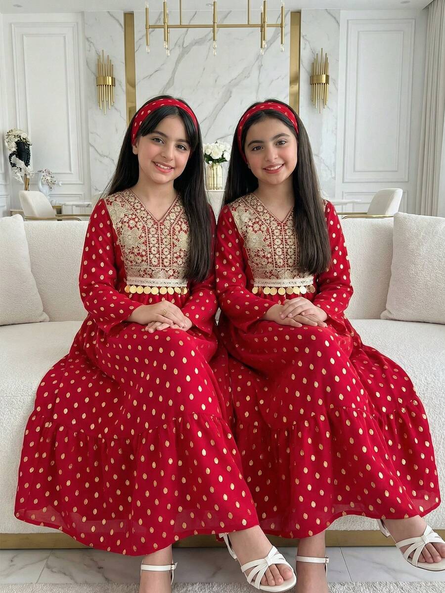 SHEIN 优雅长袍，喇叭形下摆，金色波点图案，刺绣领口，金属饰边，时尚舒适，适合外出、聚会、度假等场合。 - 紅色 - 查看 1