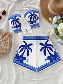 Soleia 休闲简约度假波西米亚风优雅浪漫复古蓝色花卉植物椰树印花图案，适合春夏穿着，舒适系带扭结抹胸露脐上衣和紧身短裤套装，大码女装 - 藍白色 - 查看 4