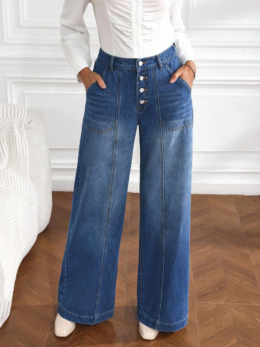 SHEIN Tall Jeans anchos de pierna ancha con bolsillos en diagonal y botones, de uso casual y para ir al trabajo, para mujer - Azul lavado oscuro - Ver 1