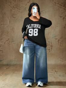 Truni Celana Panjang Denim Pudar Vintage Ukuran Plus dengan Potongan Lebar dan Saku Hati, Modis & Serbaguna untuk Pakaian Musim Panas dan Gugur untuk Wanita, Cocok untuk Bentuk Tubuh Pir dan Segitiga - Biru - View 7