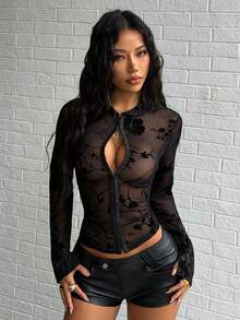 Flirla Women's Fashionable Sexy Flocked Floral Mesh Blouse - Black - View 3
