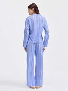 Loungeista 女士宽松舒适透气条纹长袖上衣和裤子两件套家居服，冬季服装 - 霧霾藍 - 查看 3