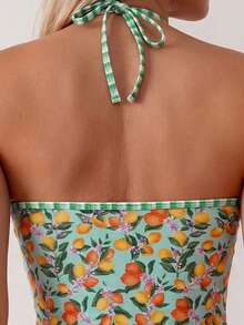 Swim Mod 2pcs/Set Lemon Print Beach Vacation Striped Drawstring Camisole & Bikini Set - Multicolor - View 4