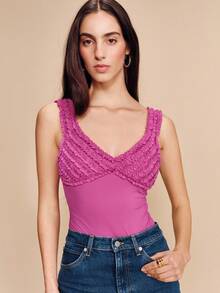 lacRébo Body con volantes de color morado oscuro con detalle texturizado en el busto, cuello de pico y silueta ajustada romántica de primavera y verano, estilo francés y parisino - Morado Violeta - Ver 5